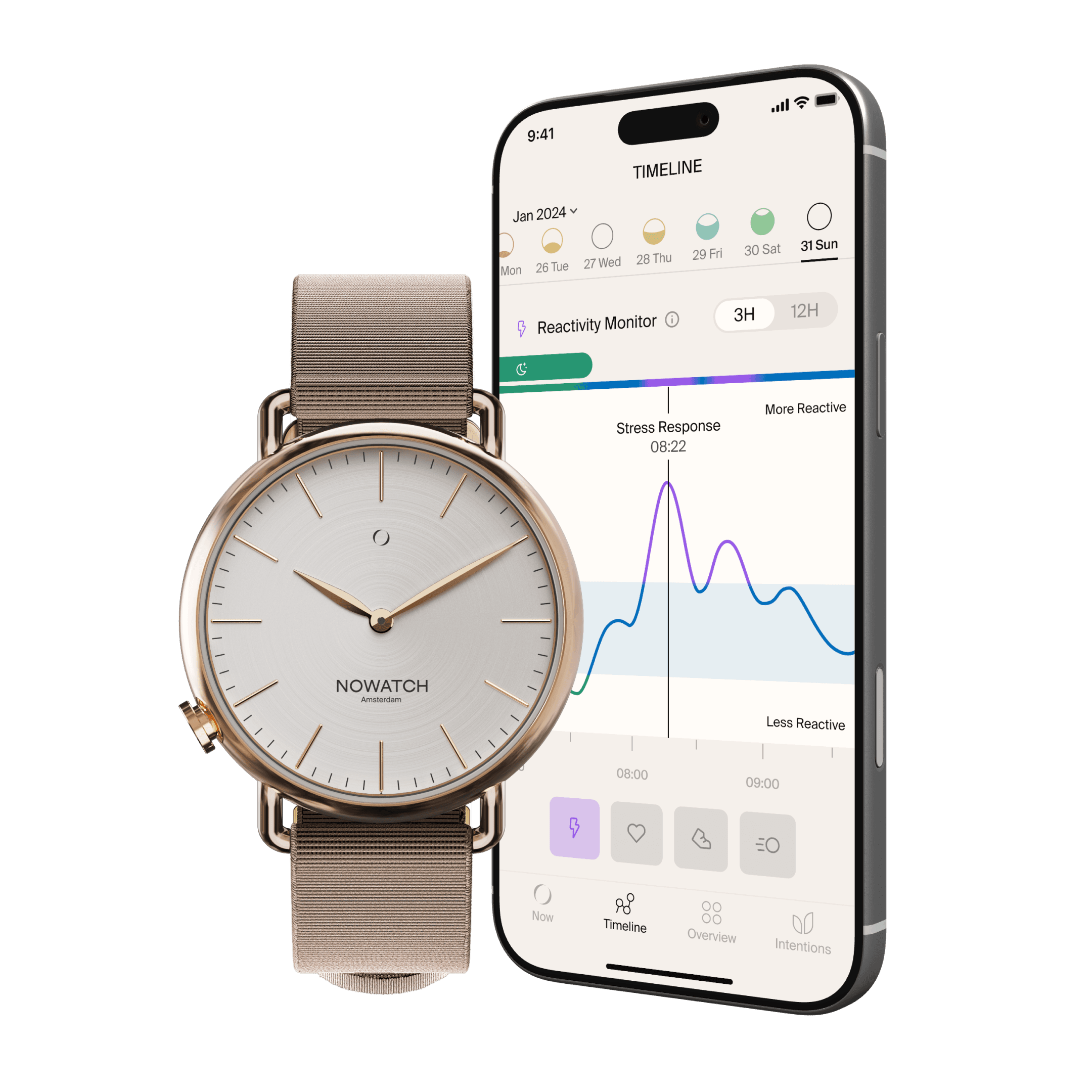 NOWATCH on a wrist next to the Reactivity Monitor in the companion app